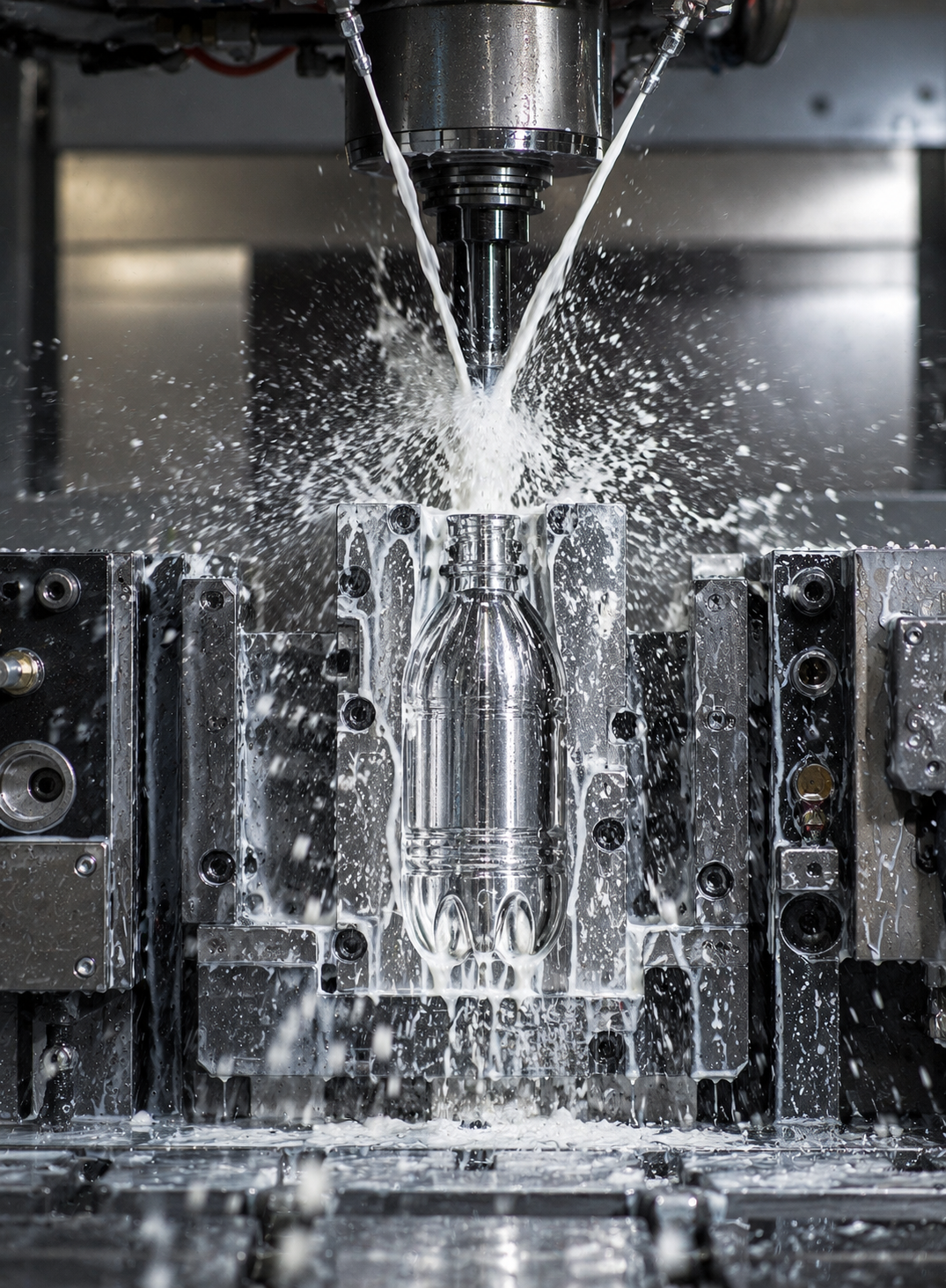 Machining a PET bottle mold with coolant spraying
